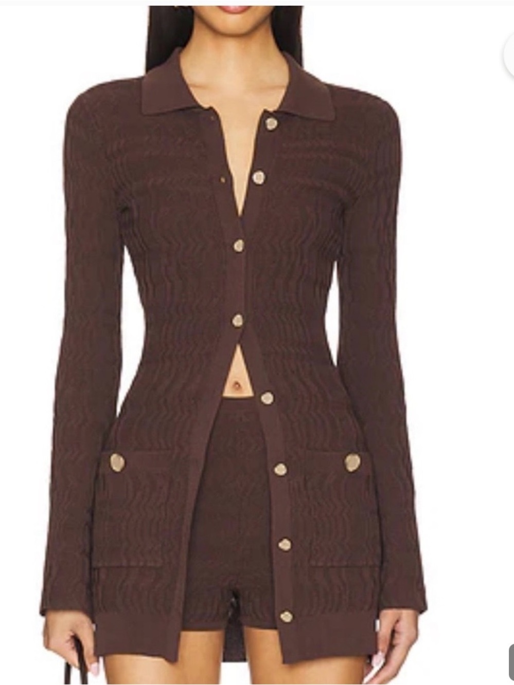 DEVON WINDSOR Chocolate Brown Ribbed Polo Cardigan with Gold Button